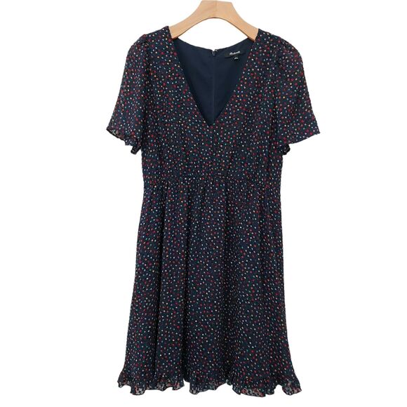 Madewell Dress Womens 6 Blue Flutter-Sleeve Ruffle-Hem V-Neck Lined Dots Print - Picture 2 of 13